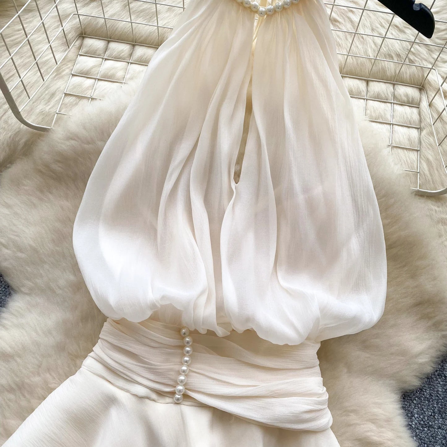 SINGREINY Strap Chiffon Mini Dress Female Pearl Halter Sleeveless Backless Sexy Design Fairycore Vacation Summer Ruffles Dress