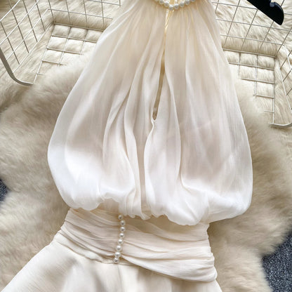 SINGREINY Strap Chiffon Mini Dress Female Pearl Halter Sleeveless Backless Sexy Design Fairycore Vacation Summer Ruffles Dress
