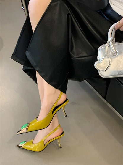 Eilyken Street Style Design Inlay Diamonds Woman Pumps Sandals Elegant Sexy Thin Heels Pointed Toe Banquet Prom Slingbacks Shoes