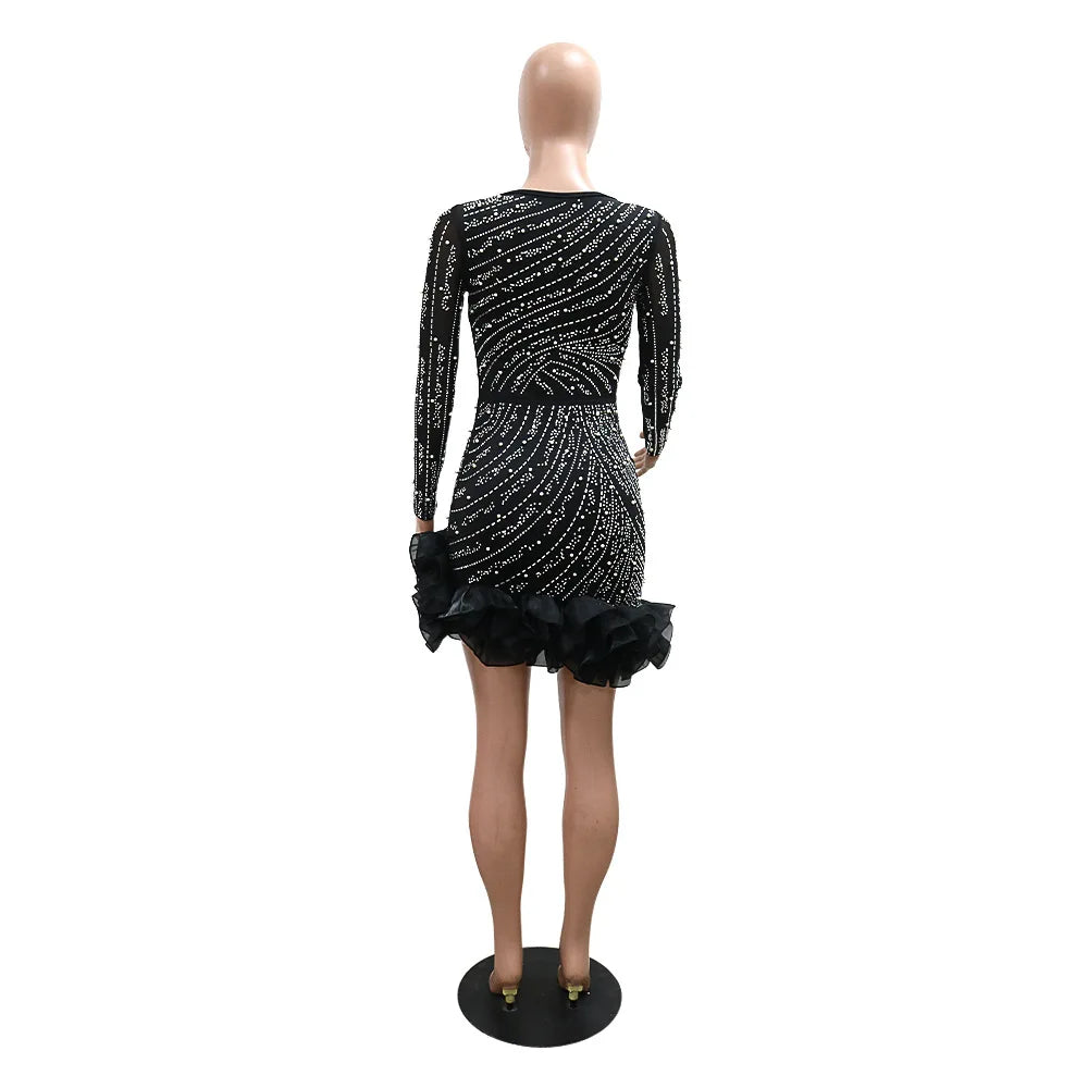 CM.YAYA Spring Women Long Sleeve Ruffles Hot Drilling Bead Short Dress Sexy Night Club Evening Birthday Mini Dresses Vestidos
