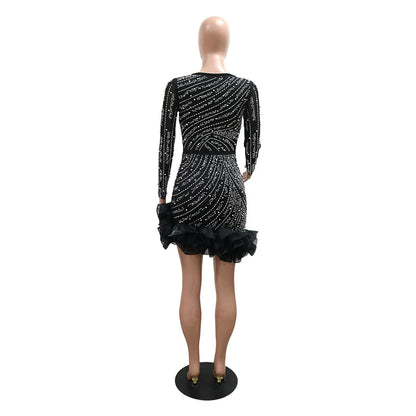 CM.YAYA Spring Women Long Sleeve Ruffles Hot Drilling Bead Short Dress Sexy Night Club Evening Birthday Mini Dresses Vestidos