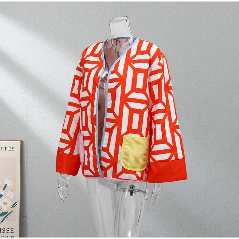 HH Floral Print Jacket For Women Autumn Quilted Reversible Cotton Coat Cardigan Long Sleeve Jackets Elegant Woman Streetwear