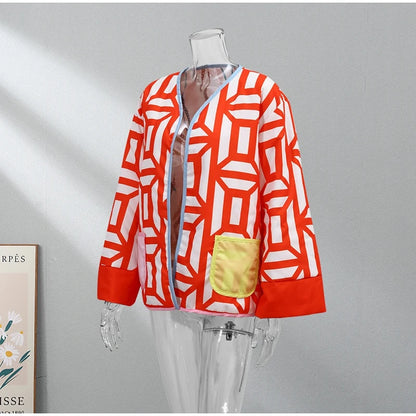 HH Floral Print Jacket For Women Autumn Quilted Reversible Cotton Coat Cardigan Long Sleeve Jackets Elegant Woman Streetwear