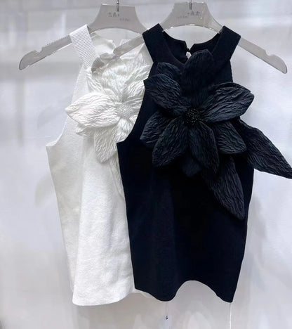 Black White 3D Diamonds Flower Stitch Sleeveless Knitted Top Slim Fit Halter Vest 2025 Sring Summer Knitwear Sexy Crop Tank Top
