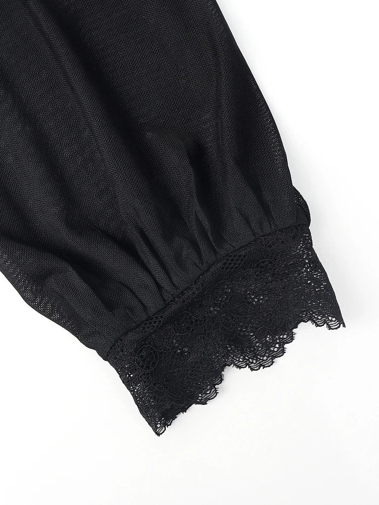 Women's Spring/Fall 2026 New Arrival Elegant Lace-Panel Cutout Bell-Sleeve Tie-Waist Top Everyday Lace-Panel Design