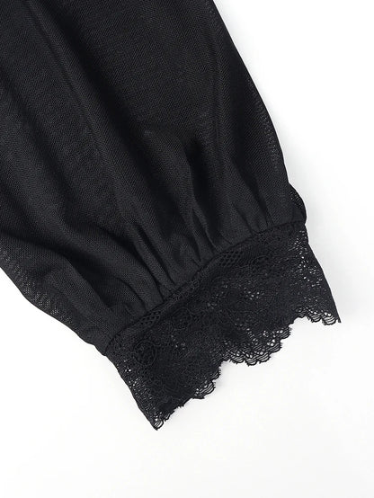 Women's Spring/Fall 2026 New Arrival Elegant Lace-Panel Cutout Bell-Sleeve Tie-Waist Top Everyday Lace-Panel Design