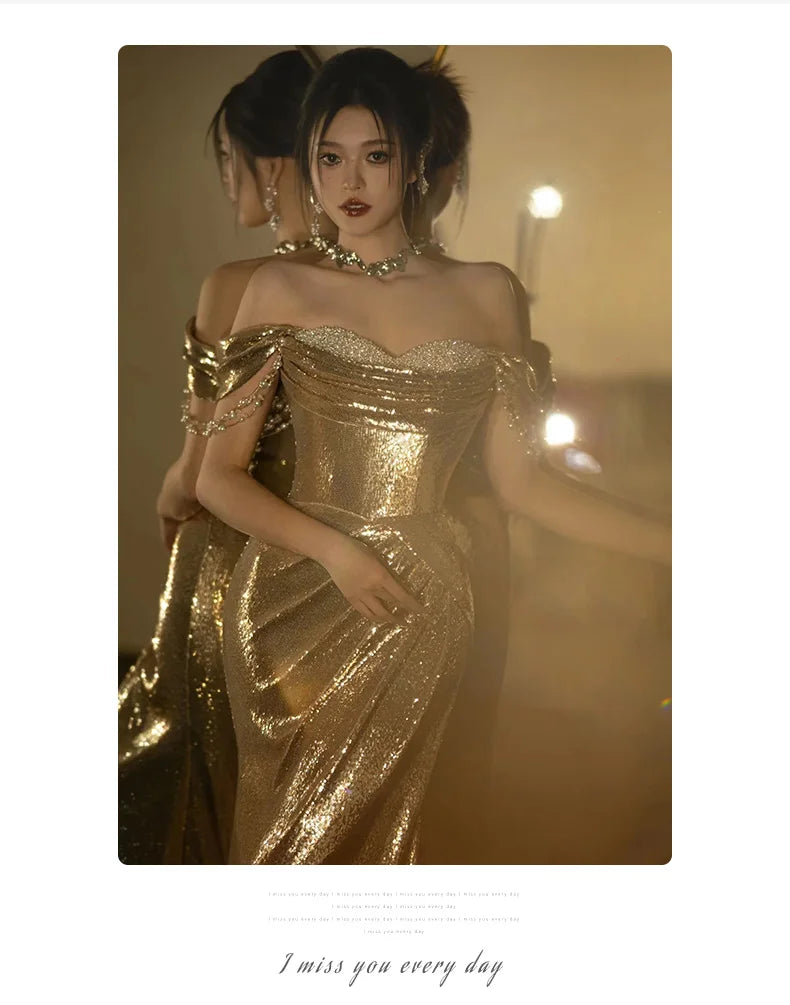 Mauroicardi Spring Autumn Praty Evening Dresses Woman Off Shoulder Backless Elegant Chic Luxury Floor Length Gold Sequin Clothes