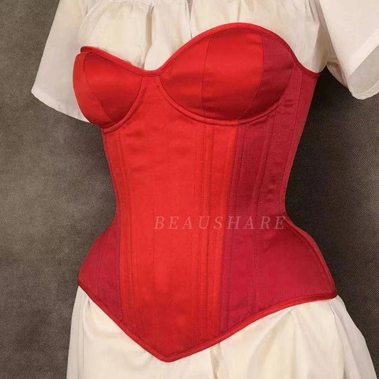 Women Corset Bustier WIth Cups Overbust Vintage Bodices Tight Lace Up Double Boned Shaping Tops Waist Chinner Wedding Satin Red
