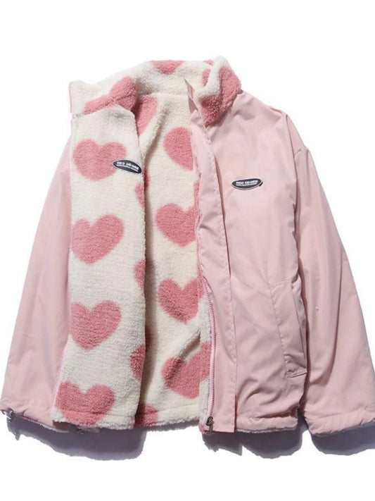 Double-Sided Wear Thickened Lamb Fur Heart Pattern Cotton Jacket Couple's Two-Way Wear Casual Warm Zipper Closure Long Sleeve...