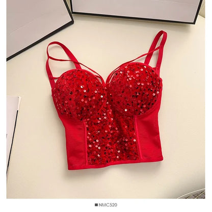 Sexy Sequins Tank Top Corset for Women Mesh Patchwork Backless Spaghetti Strap Camis Shiny Crop Tops Women's Clothing Dropship