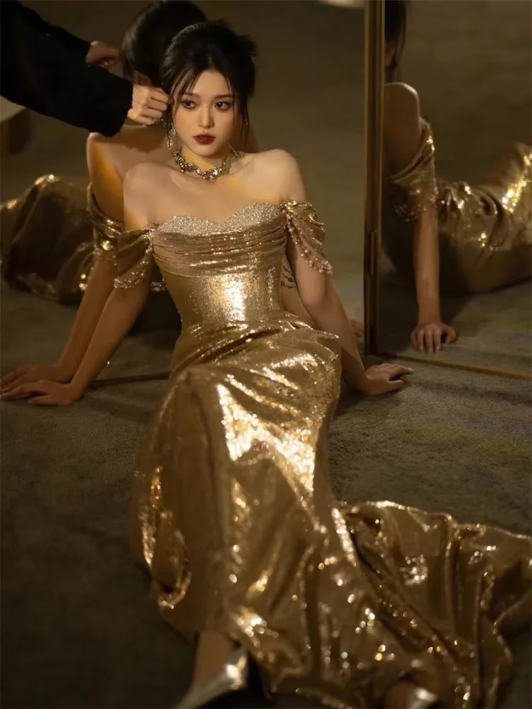 Mauroicardi Spring Autumn Praty Evening Dresses Woman Off Shoulder Backless Elegant Chic Luxury Floor Length Gold Sequin Clothes