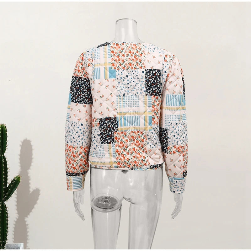 HH Floral Print Jacket For Women Autumn Quilted Reversible Cotton Coat Cardigan Long Sleeve Jackets Elegant Woman Streetwear