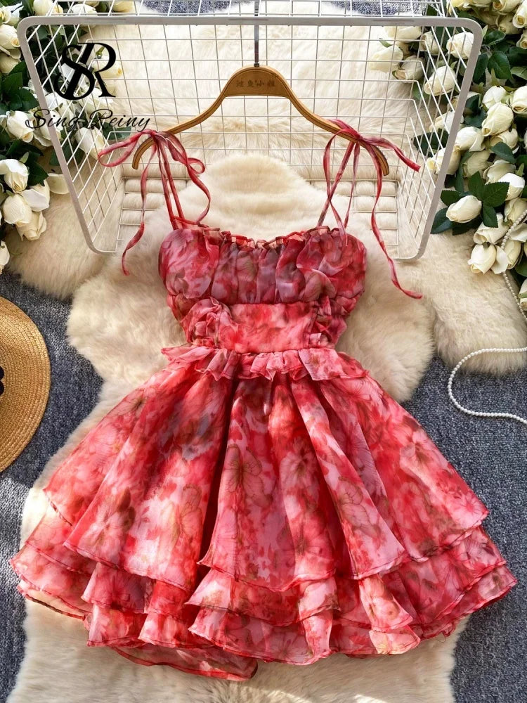 SINGREINY Holiday Print Flowy Birthday Dress Women Strap Butterfly Vacation Cake Sundress Organza Luxury Party Short Dress