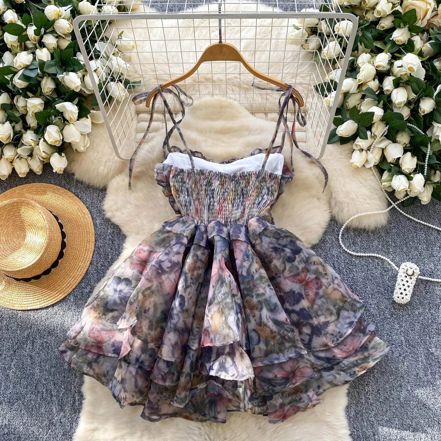 SINGREINY Holiday Print Flowy Birthday Dress Women Strap Butterfly Vacation Cake Sundress Organza Luxury Party Short Dress