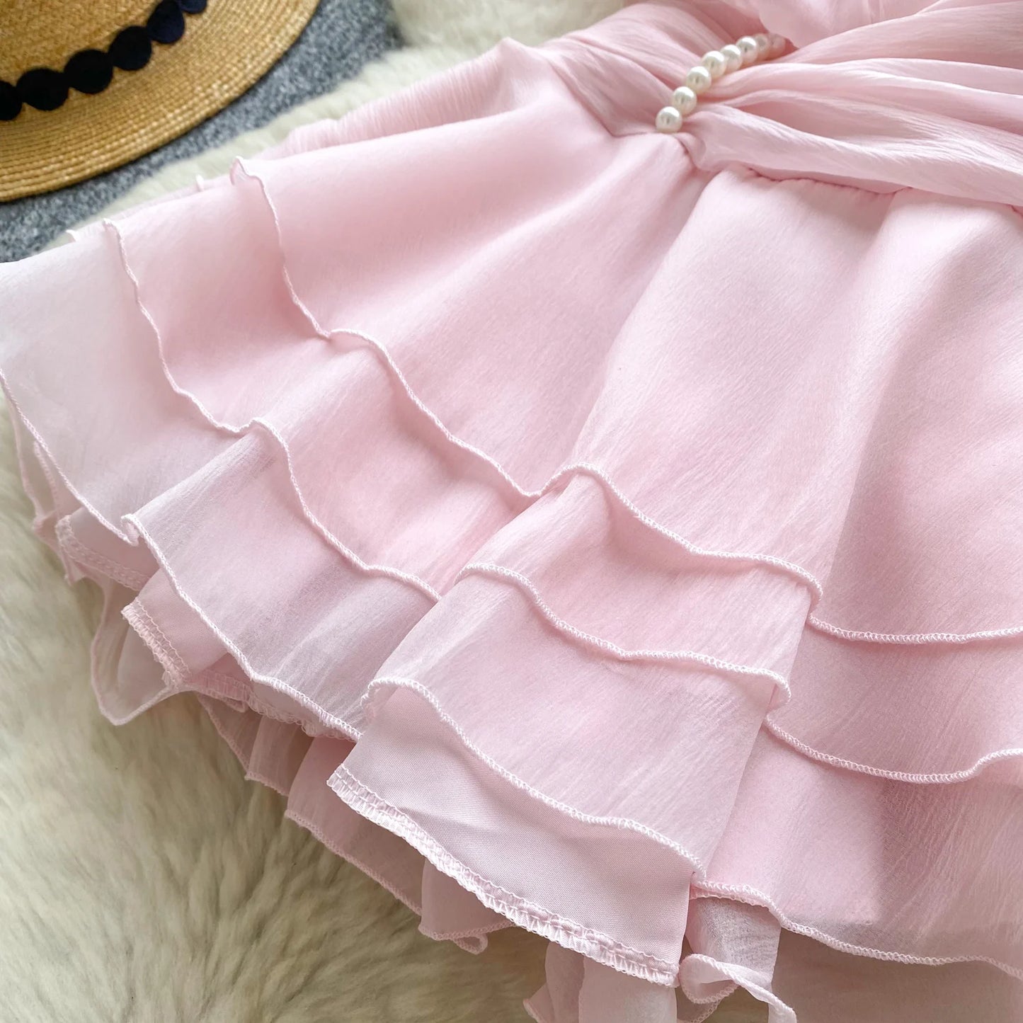 SINGREINY Strap Chiffon Mini Dress Female Pearl Halter Sleeveless Backless Sexy Design Fairycore Vacation Summer Ruffles Dress