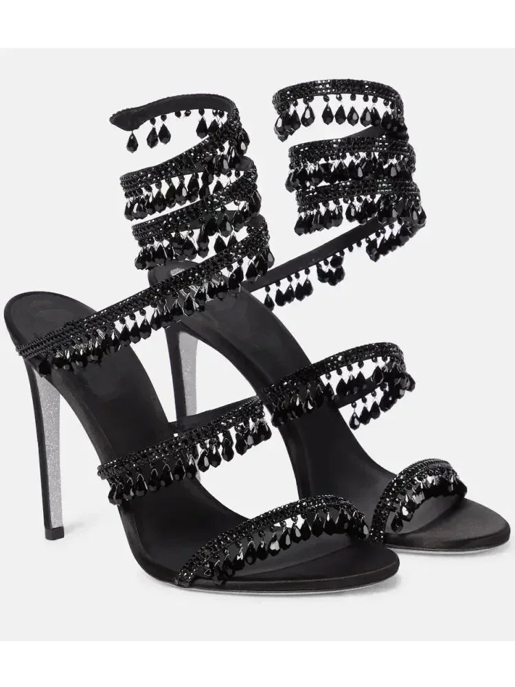 2024Women's New Water Diamond Sandals Fashion Tassel Crystal Shoes Sexy Banquet Party Twin Stiletto Women's Large Sandals