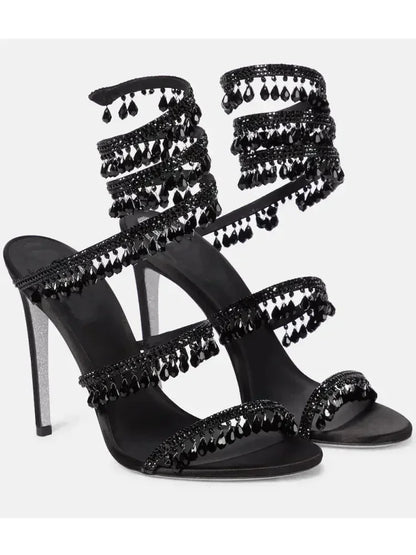 2024Women's New Water Diamond Sandals Fashion Tassel Crystal Shoes Sexy Banquet Party Twin Stiletto Women's Large Sandals