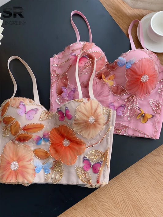 SINGREINY Embroidery Flower Camis Women Strapless Sleeveless Luxury Camisole Slim Hot Summer Sequined Butterfly Sexy Mini Tops