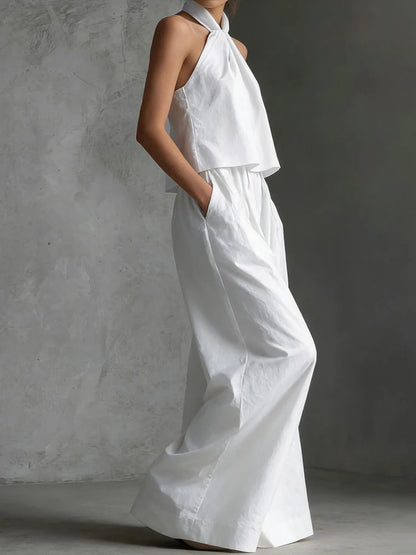 2026 Women Summer Casual Holiday Halter Sleeveless Pullover Top with Wide Leg Pants Two-Piece Set Backless Patchwork Chic Outfit