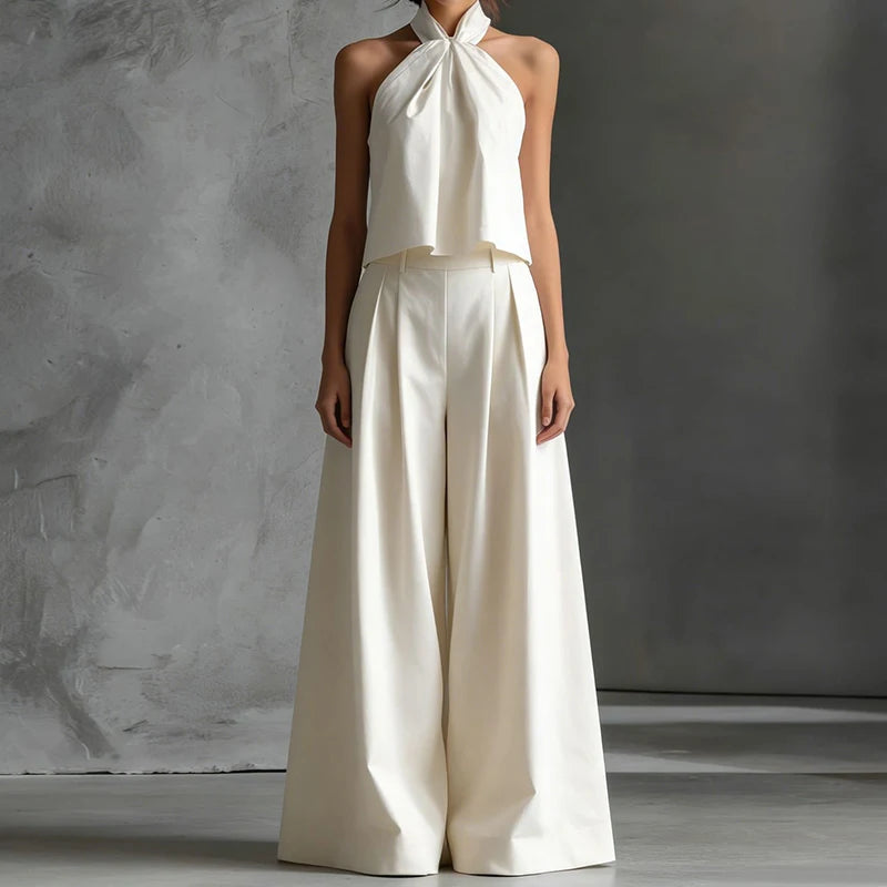 2026 Women Summer Casual Holiday Halter Sleeveless Pullover Top with Wide Leg Pants Two-Piece Set Backless Patchwork Chic Outfit
