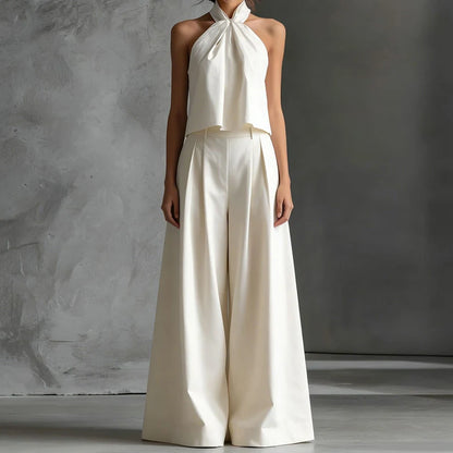 2026 Women Summer Casual Holiday Halter Sleeveless Pullover Top with Wide Leg Pants Two-Piece Set Backless Patchwork Chic Outfit