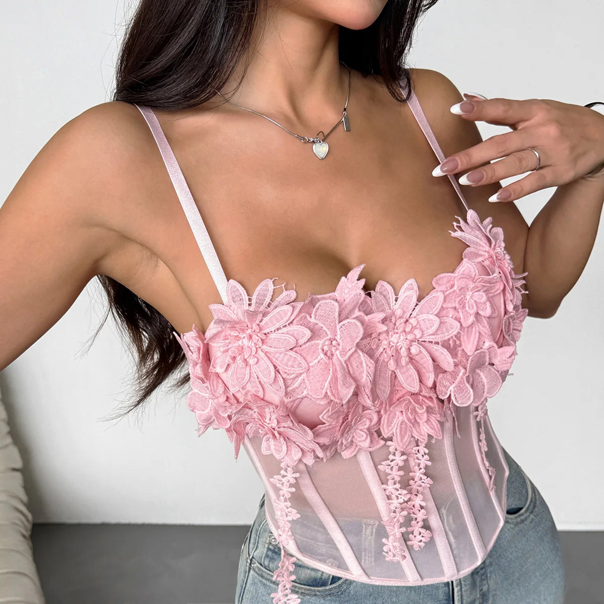 SINGREINY Sheer Gauze 3D Flowers Corset Women Pink Sexy Straps Slim Tops Fashion Streetwear Ladies Short French Chic Sweet Camis