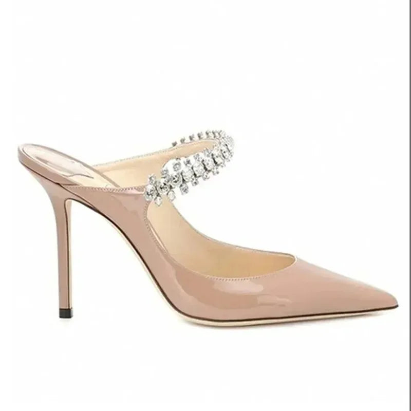 Women's Sandals 2026 New High Heels Fashion Water Diamond Chain Banquet Pointed Fine Heels Women's Muller Shoes