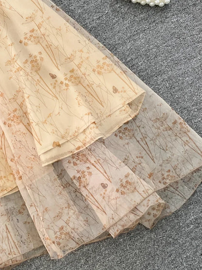 Women Elegant Bow Sexy Chiffon Print A-line Dress Summer One Shoulder High Waist Slim Vintage Seaside Party Vacation Robe