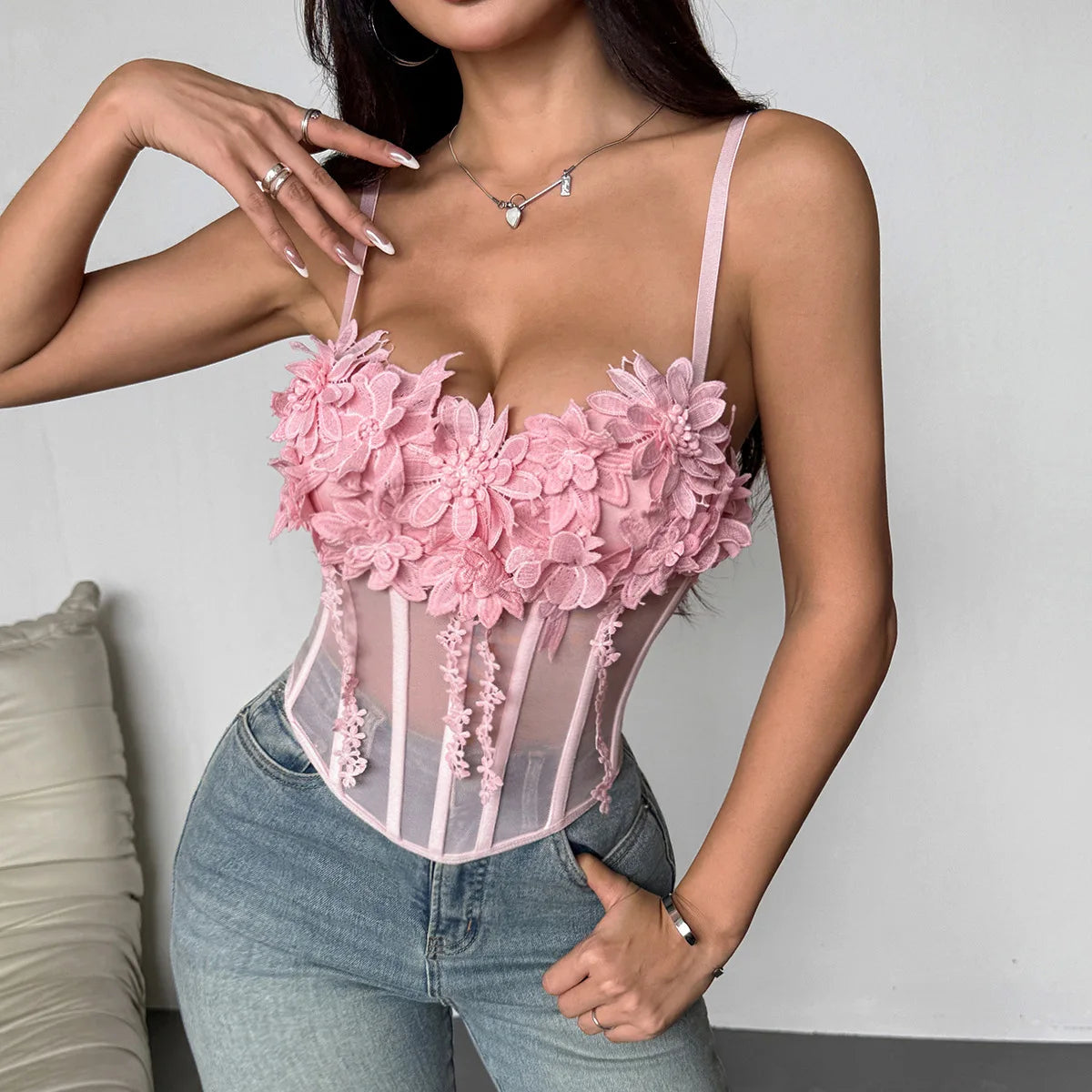 SINGREINY Sheer Gauze 3D Flowers Corset Women Pink Sexy Straps Slim Tops Fashion Streetwear Ladies Short French Chic Sweet Camis