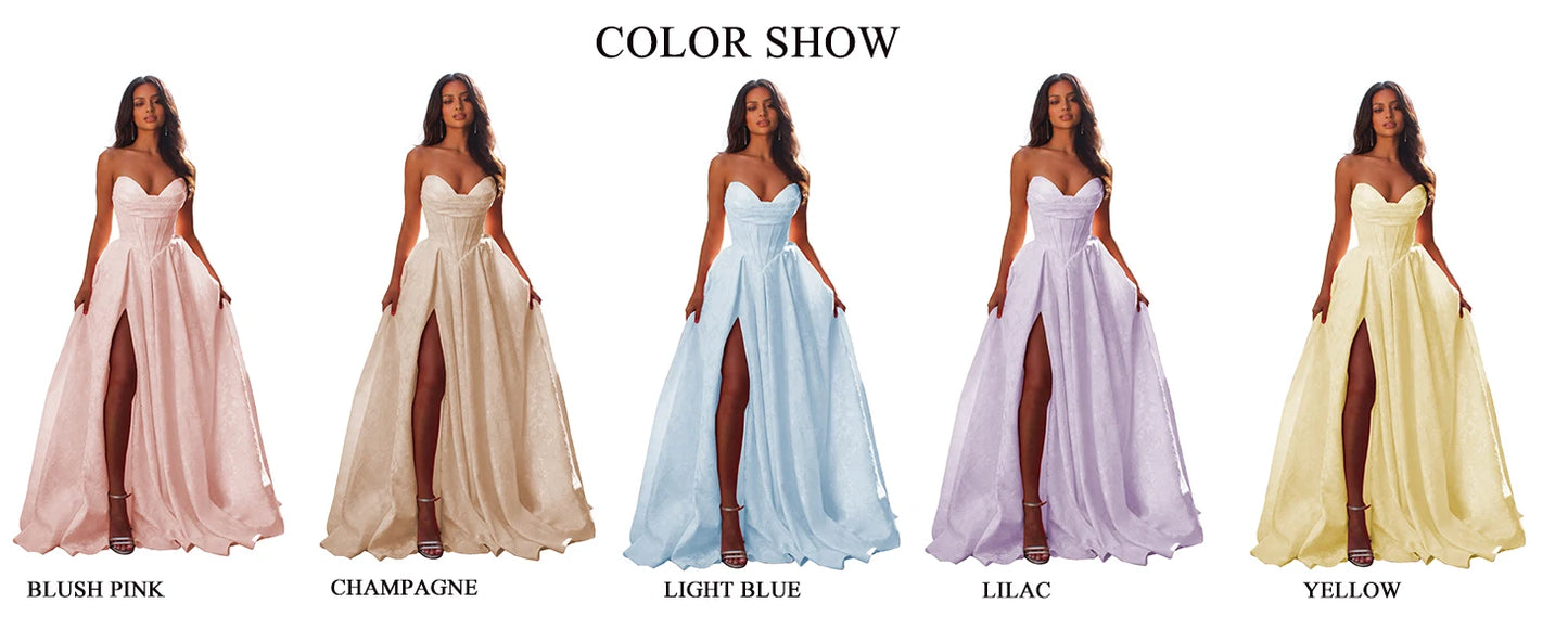 Women Elegant Jacquard Satin Prom Dresses with Slit Strapless Corset A Line Long Formal Gowns Evening Gowns Party Dresses