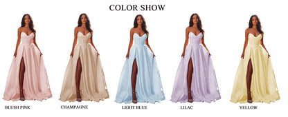 Women Elegant Jacquard Satin Prom Dresses with Slit Strapless Corset A Line Long Formal Gowns Evening Gowns Party Dresses