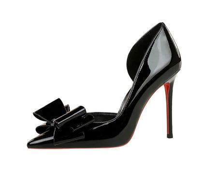 Nude Patent Leather Pointed Toe Stiletto Heel Pumps With Bow Cut Out High Heels For Wedding Party Prom Evening Formal Dress