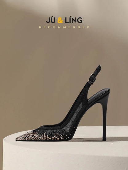 New Baotou sexy sandals with one buckle and summer mesh, rhinestone high heels for women, slim heels, shallow mouth