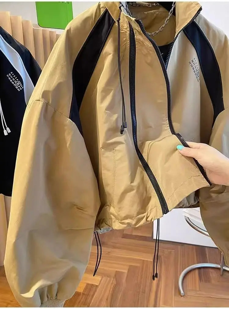 Design  niche loose casual stand up collar trench coat, women's spring and autumn short jacket double zipper