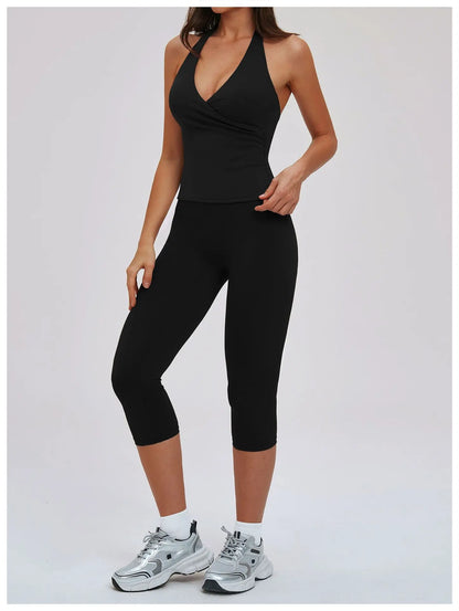 2PCS Gym Tracksuits Yoga Set Female Fitness Suit Deep V Yoga Bra Athletic Wear Women High Waist Workout Flared pants Sports Suit