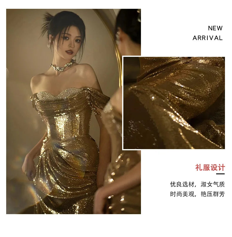 Mauroicardi Spring Autumn Praty Evening Dresses Woman Off Shoulder Backless Elegant Chic Luxury Floor Length Gold Sequin Clothes