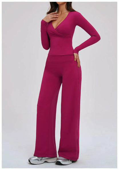 2PCS Gym Tracksuits Yoga Set Female Fitness Suit Deep V Yoga Bra Athletic Wear Women High Waist Workout Flared pants Sports Suit
