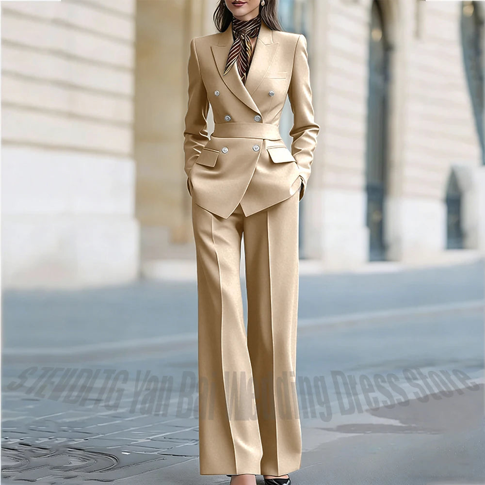 Customized Straight Women's Suits Two Pieces Classic Double Breasted Solid Color High Street Business Casual Office Suit Set