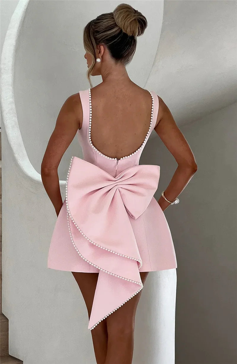 Mozision Pearl Bow Backless Sexy Mini Dress For Women Robe Fashion Zipper Sleeveless High Waist A-line Club Party Dress Elegant