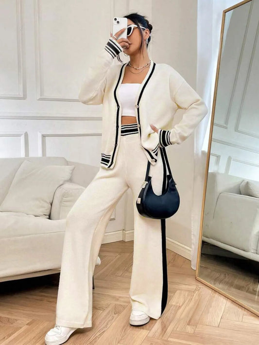 Women's Two-Piece Knit Set Contrast Trim Cardigan & Wide-Leg Pants Casual Loungewear (White/Navy Blue)