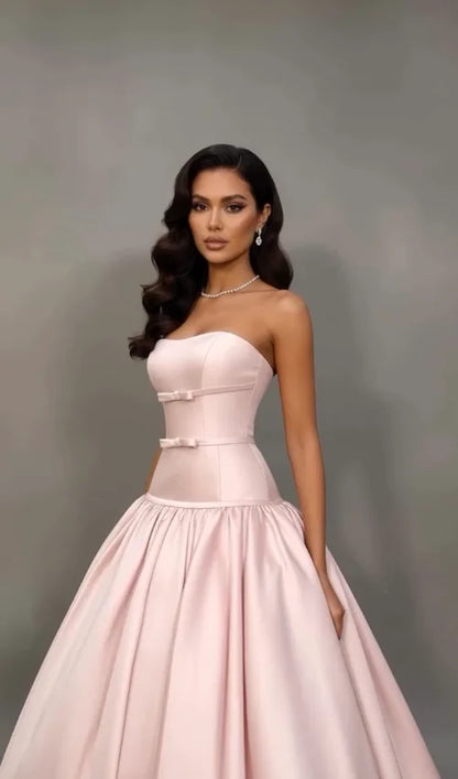 Evening Luxury Party Dresses Dubai Vintage Pink Satin Strapless Formal Occasion Ball Prom Gowns Customized أطقم فساتين