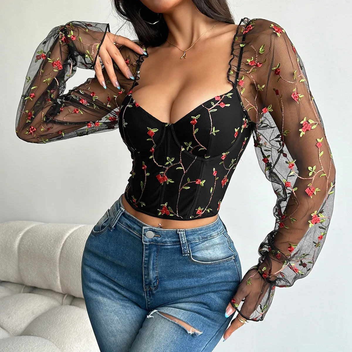 Sexy Spicy Girl Mesh Long Sleeve Corsets Shaper Flower Embroidery Bustiers Fishbone Slim Fit Fashion Versatile Women Corset Top