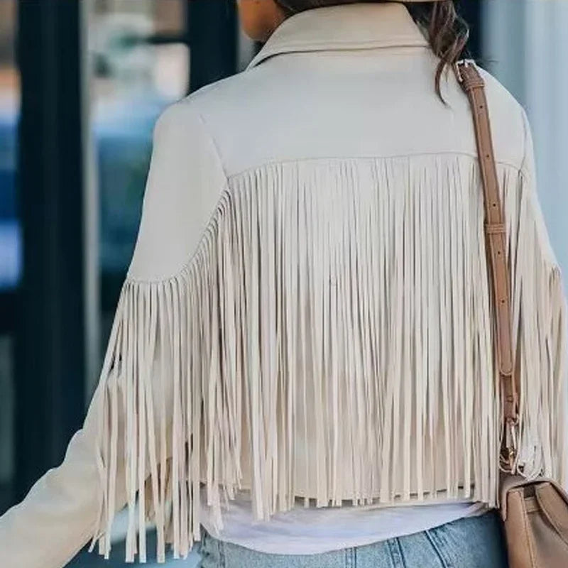 Women's Casual Fringe Cropped Jacket Western Boho Vintage Long Sleeve Zip Up Trendy Autumn Outerwear