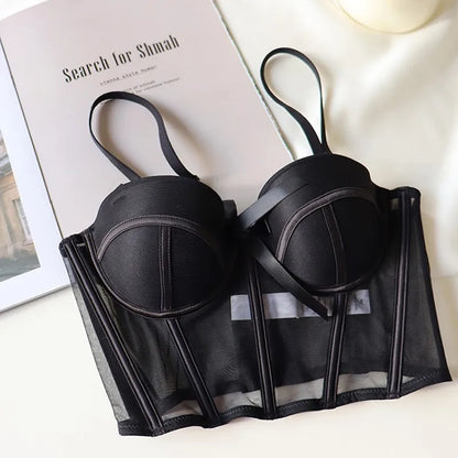 French Ladies Transparent Mesh Corset Sexy Shaper Thin Bra Set Night Club Sweet Cropped Top Girls Hot Bra and Panties Bralette