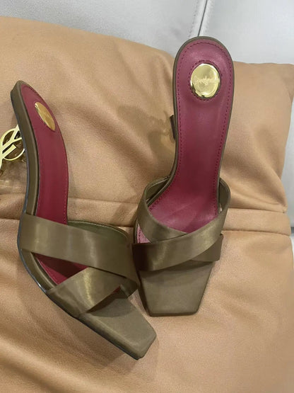 New 2026 Women's Fashionable Silk Satin Cross Band Metal Letter Heel Square Head High Heel Sandals Open Toe Stylish Pointed Toe