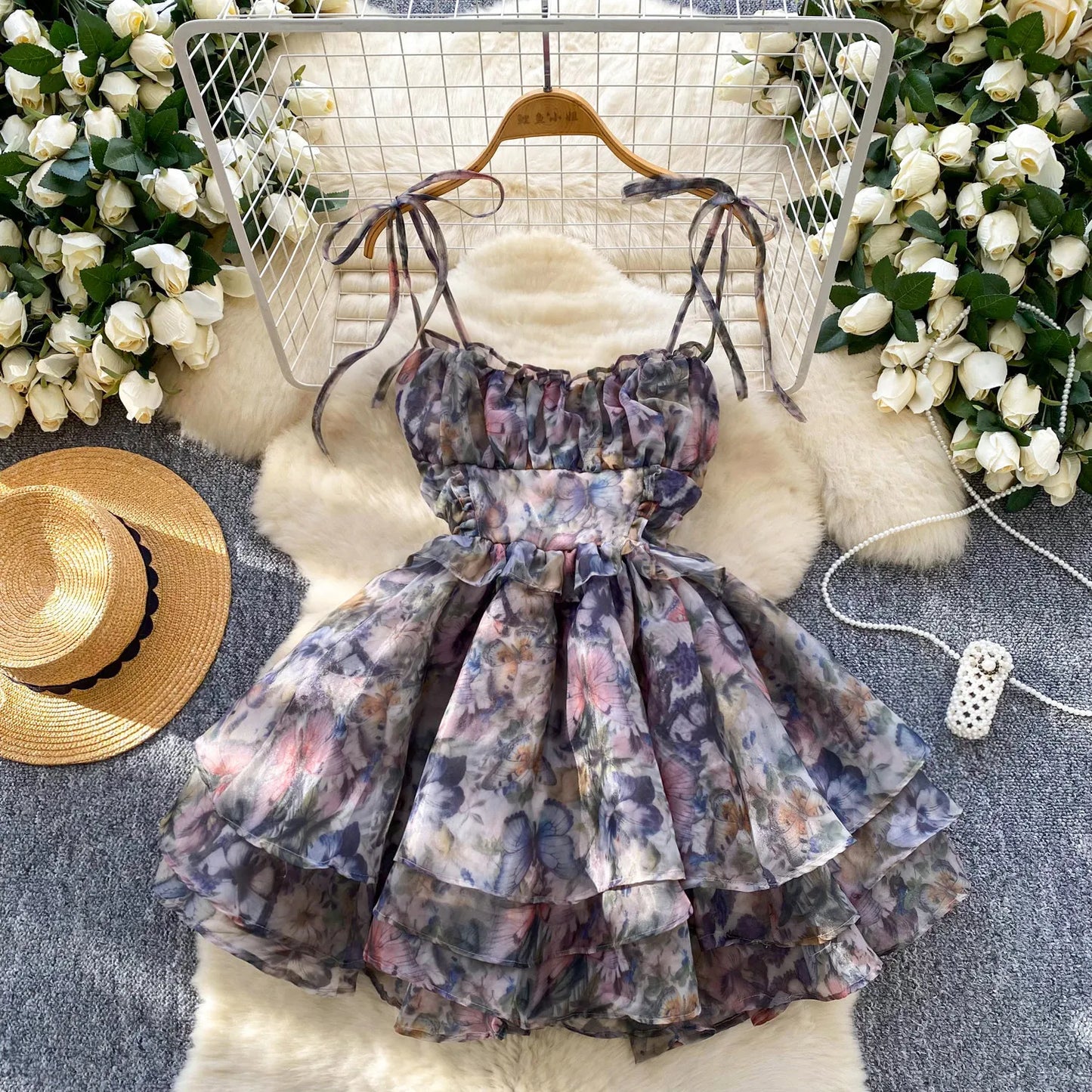 SINGREINY Holiday Print Flowy Birthday Dress Women Strap Butterfly Vacation Cake Sundress Organza Luxury Party Short Dress