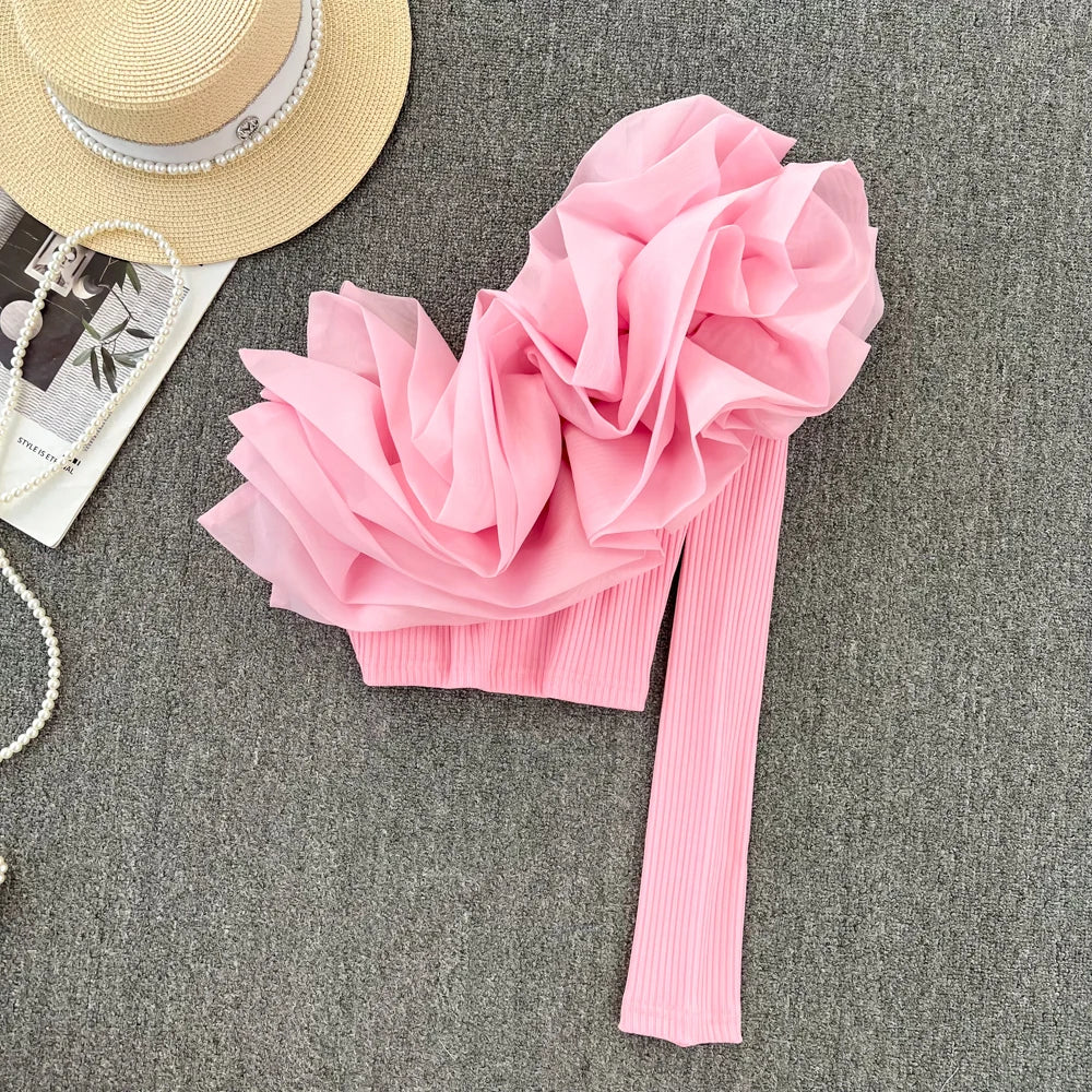 Retro Personali 3D Flower Slant Collar Single oulder Long Sve T-irt Women's Faion ort Sle Belly Button Baring Top