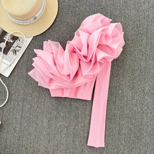 Retro Personali 3D Flower Slant Collar Single oulder Long Sve T-irt Women's Faion ort Sle Belly Button Baring Top