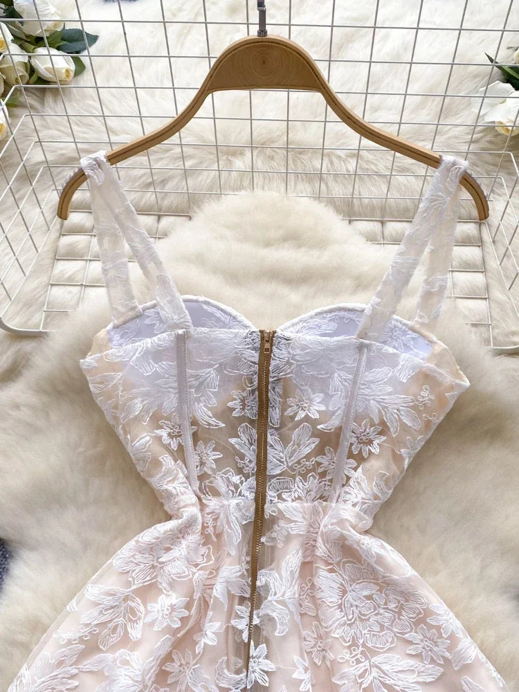 Women Sexy Hollow Out Party Club Embroidery Dress Ladies Formal Occasion Summer Fish Bone Splicing Strap Evening Vestidos Autumn