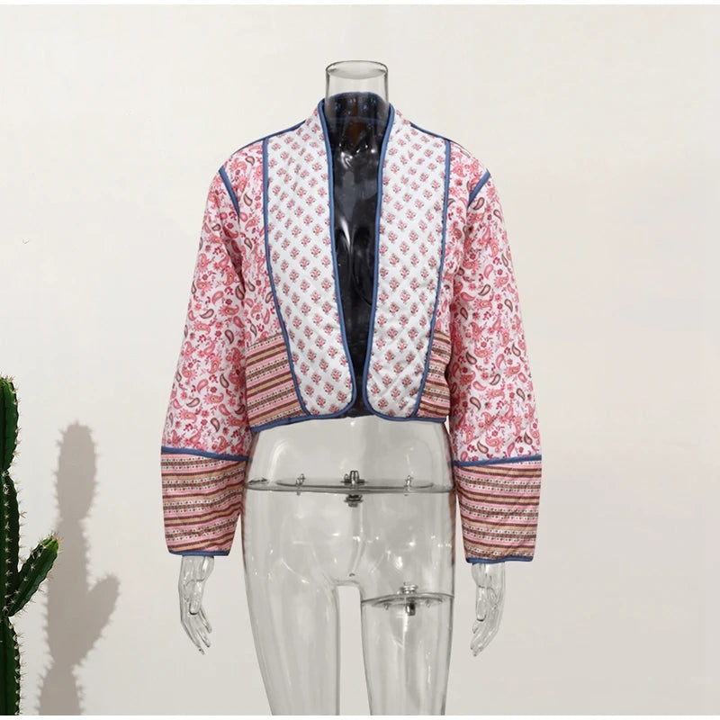 HH Floral Print Jacket For Women Autumn Quilted Reversible Cotton Coat Cardigan Long Sleeve Jackets Elegant Woman Streetwear